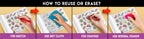 The image has a purple background with four pictures demonstrating how to reuse or erase: the first picture depicts sketching on the sheet, the second shows using a wet cloth to remove sketches, the third image displays crayons colouring on the sheet, and the fourth image illustrates erasing crayons with a regular eraser.