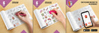 The image depicts three pictures: the first picture shows coloring with crayons, the second image portrays erasing with a normal eraser, and the third image shows scanning the image to enjoy the AR experience.