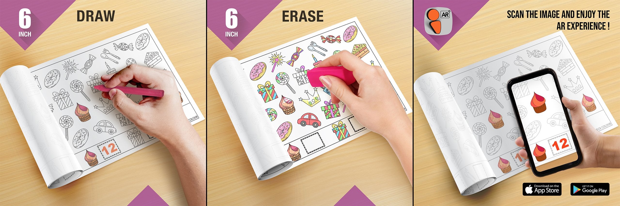 The image depicts three pictures: the first picture shows coloring with crayons, the second image portrays erasing with a normal eraser, and the third image shows scanning the image to enjoy the AR experience.