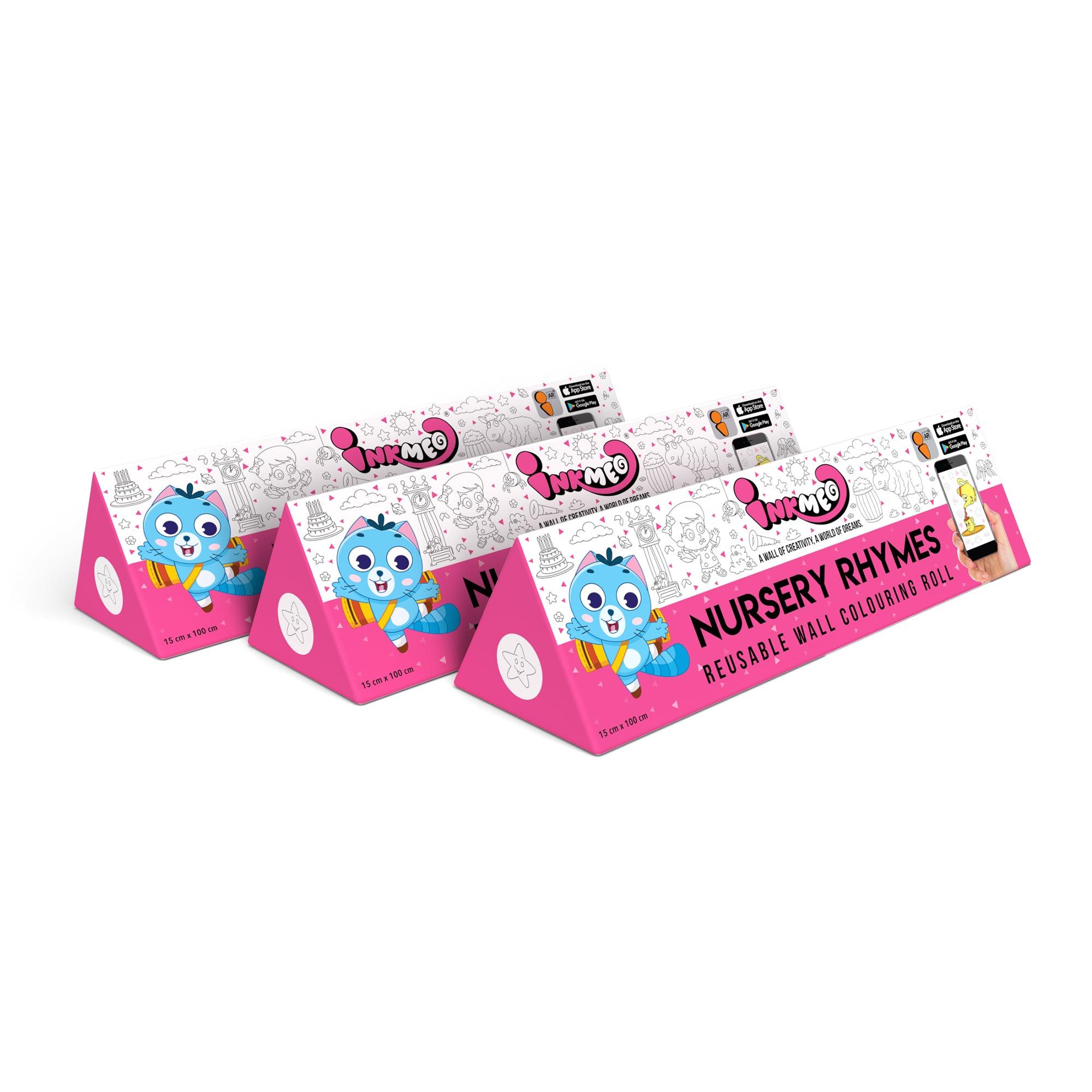 The image shows a white background with a pack of 3 nursery rhymes triangular boxes aligned diagonally.