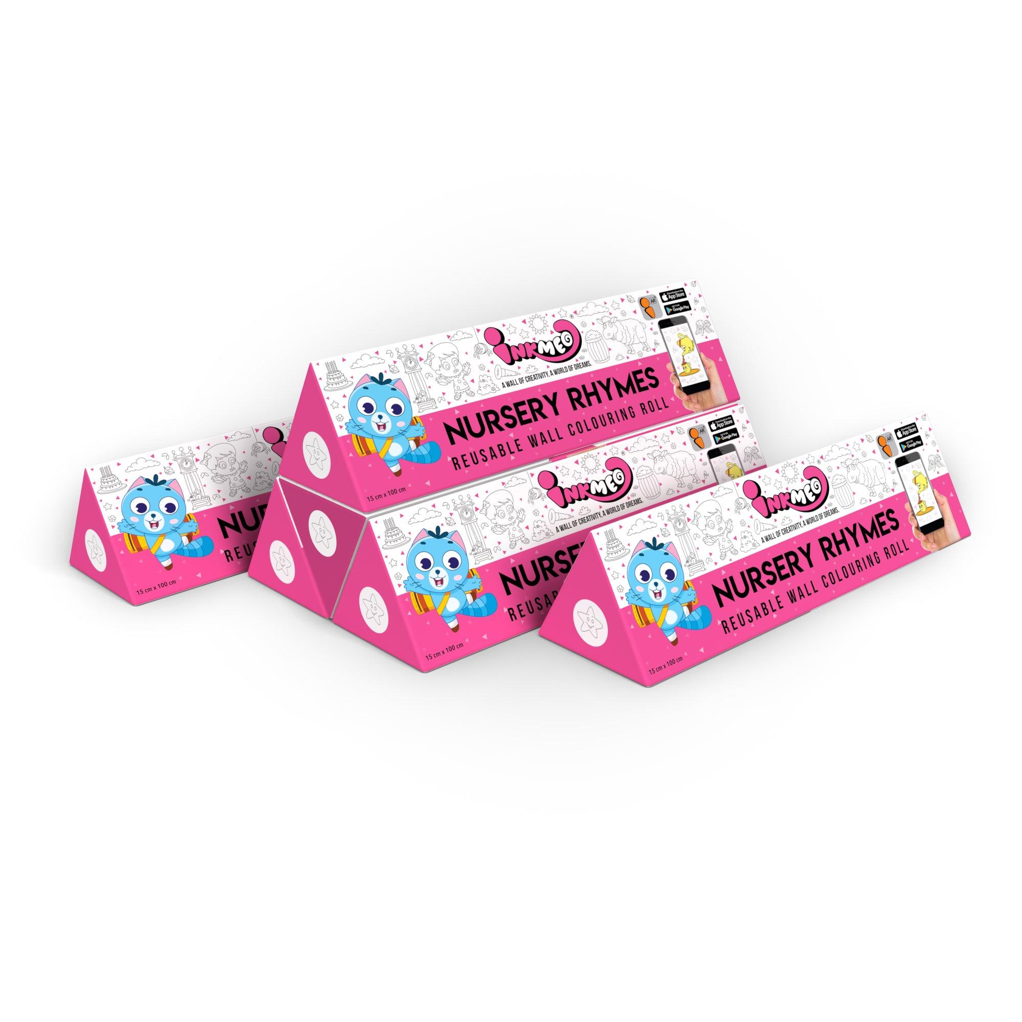 The image shows a white background with a pack of 6 nursery rhymes triangular boxes aligned diagonally