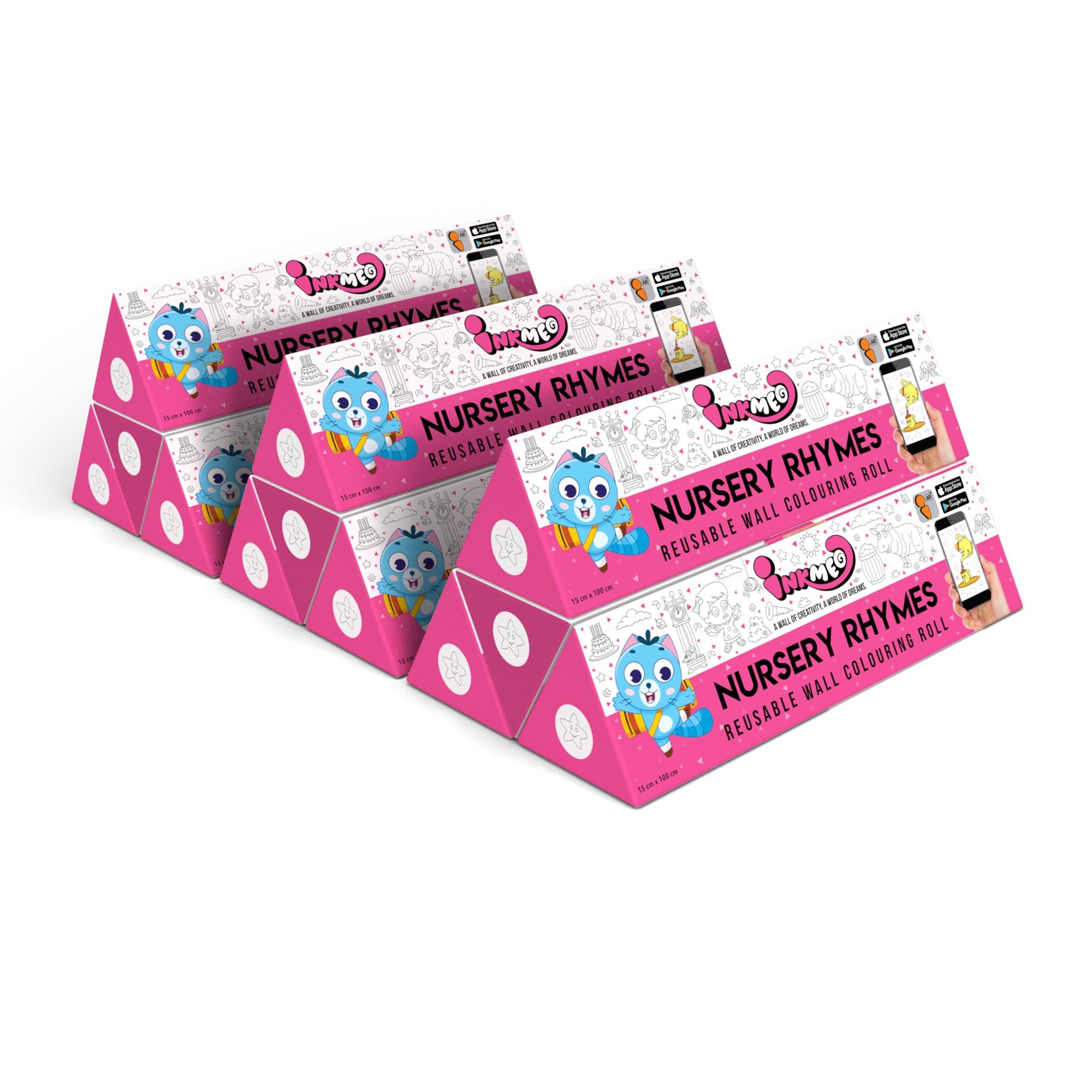 The image shows a white background with a pack of 9 nursery rhymes triangular boxes aligned diagonally