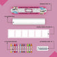 The image depicts a pink background with a single triangular box, a coloring roll, 6 double-sided stickers, 12 colored crayons, and an activation code.