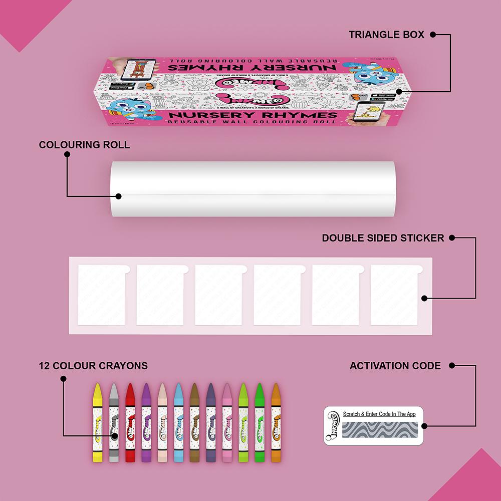 The image depicts a pink background with a single triangular box, a coloring roll, 6 double-sided stickers, 12 colored crayons, and an activation code.