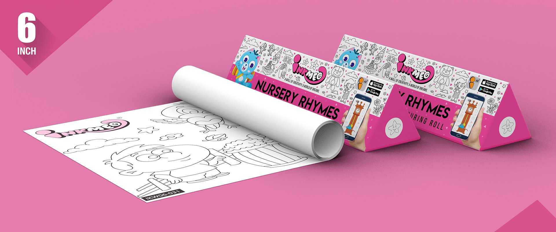 The image depicts two 6*40-inch pink triangular nursery rhymes boxes placed alongside each other, with a sheet rolled out next to them.