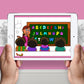 The image depicts two hands holding a tablet displaying a picture from a sheet attached to the wall. The description encourages scanning the image to enjoy the AR experience.