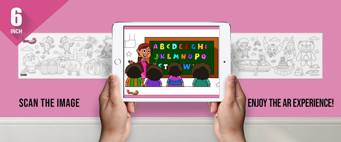 The image depicts two hands holding a tablet displaying a picture from a sheet attached to the wall. The description encourages scanning the image to enjoy the AR experience.