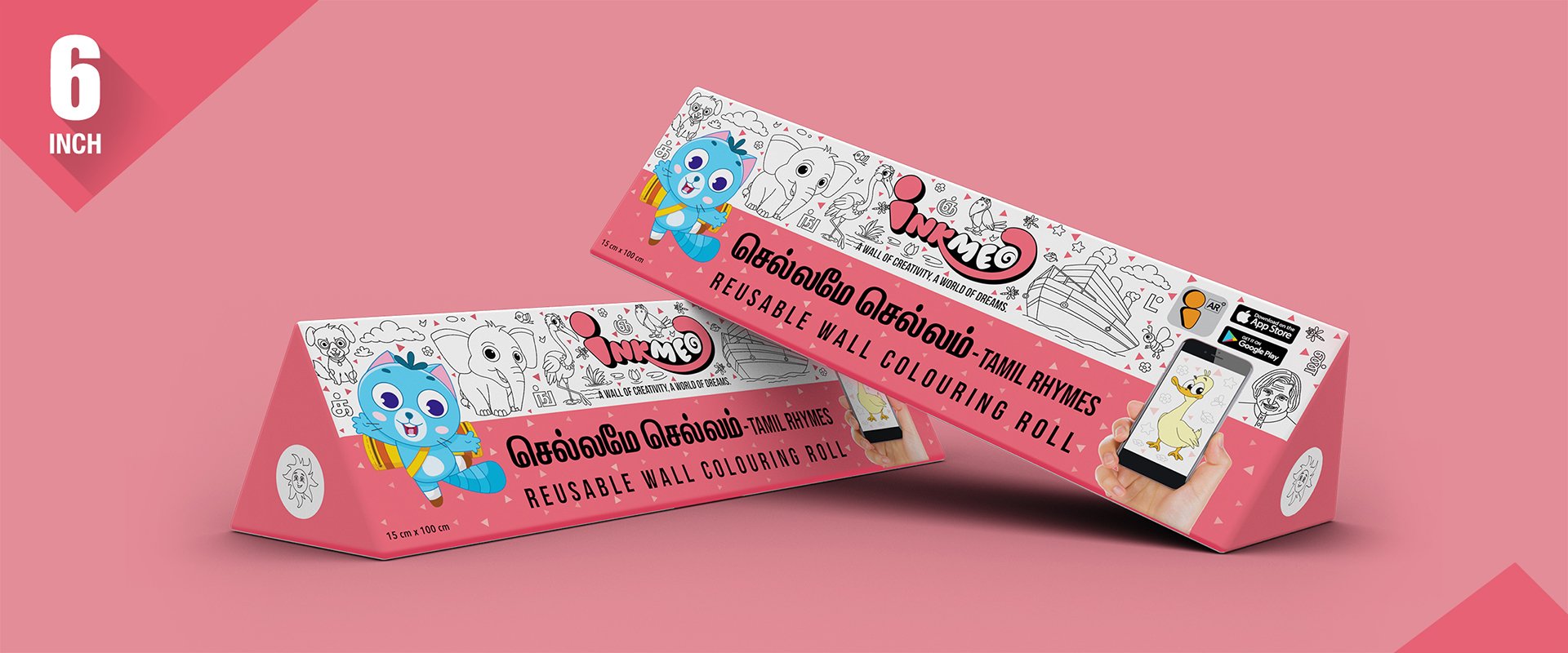 The image depicts two 6x40-inch triangular boxes arranged one above the other against a pink background.
