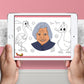 The image depicts two hands holding a tablet displaying a picture from a sheet attached to the wall. The description encourages scanning the image to enjoy the AR experience.