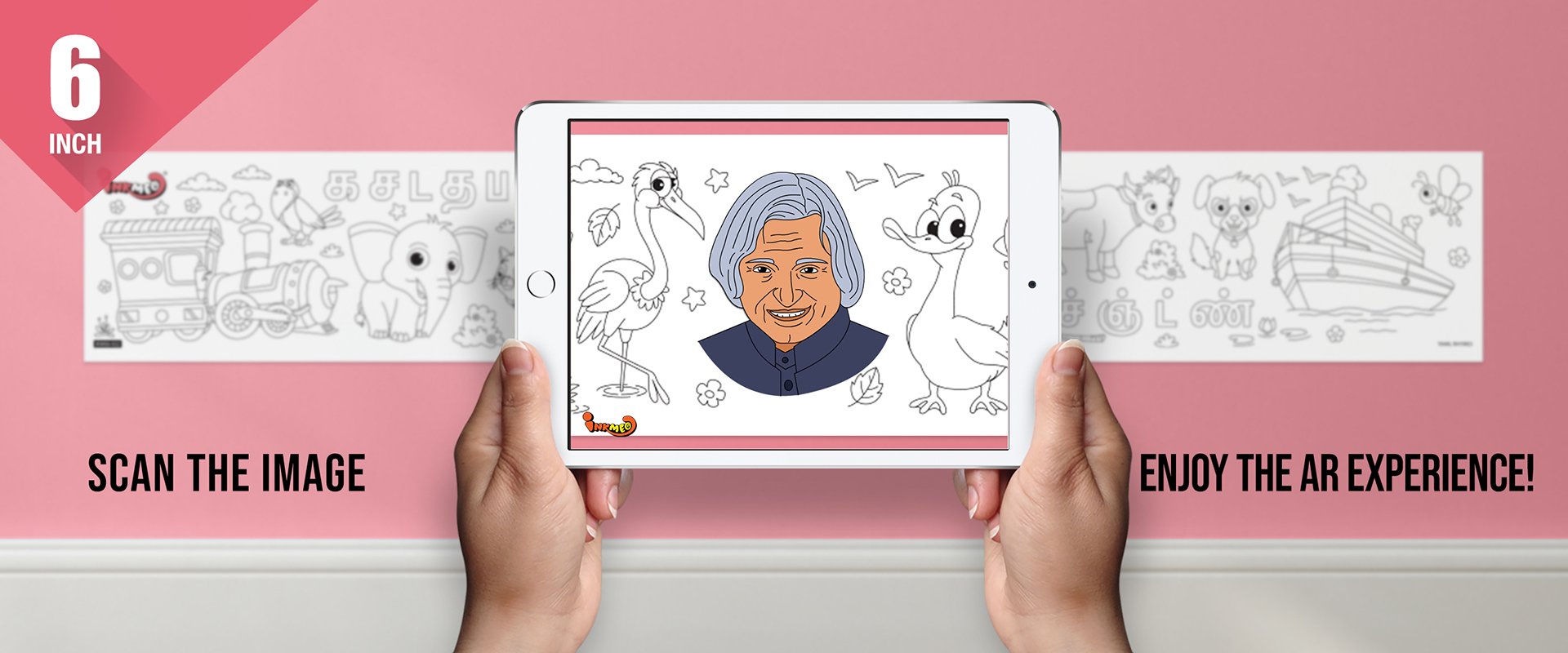 The image depicts two hands holding a tablet displaying a picture from a sheet attached to the wall. The description encourages scanning the image to enjoy the AR experience.