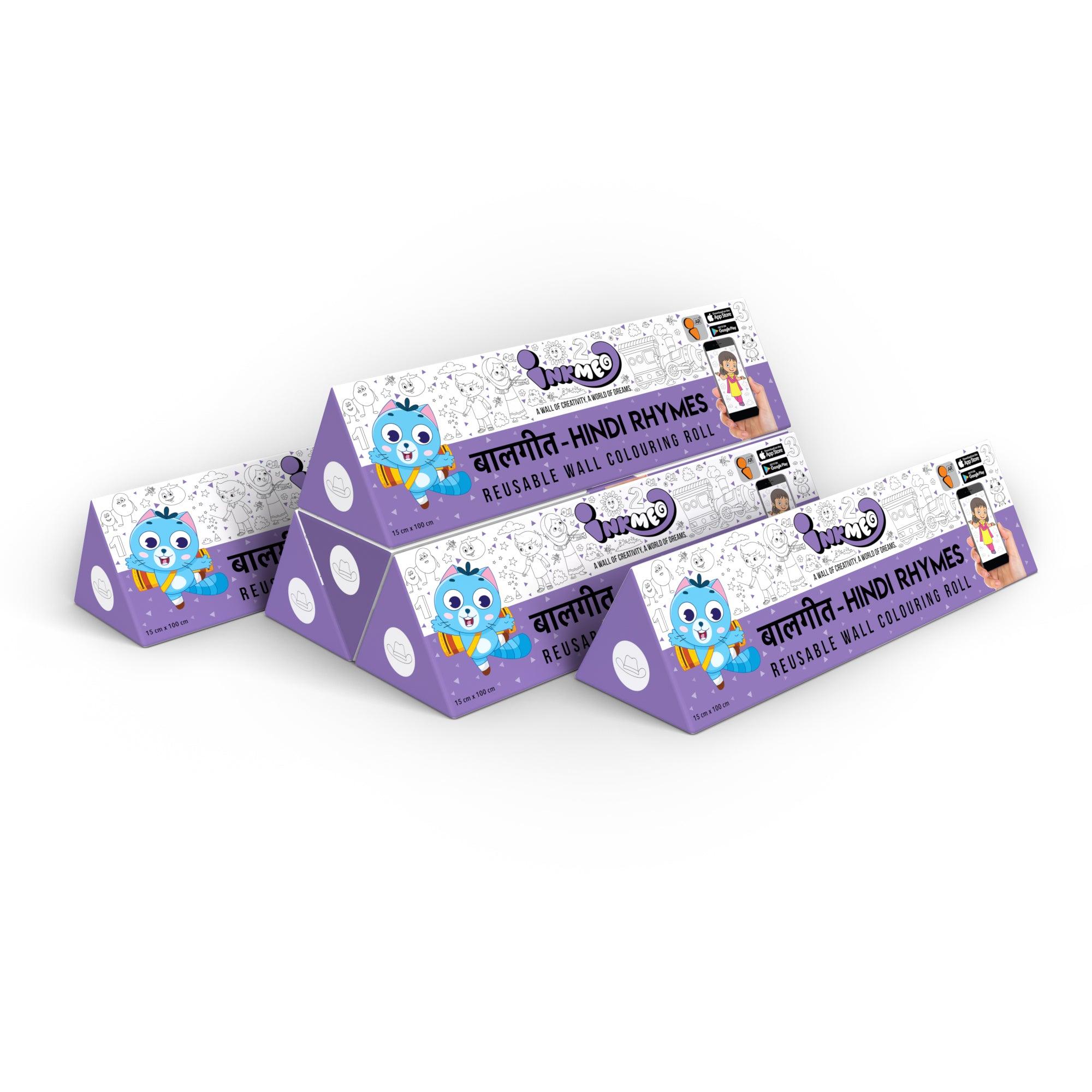 The image shows a white background with a pack of 6 Hindi rhymes triangular boxes aligned diagonally.