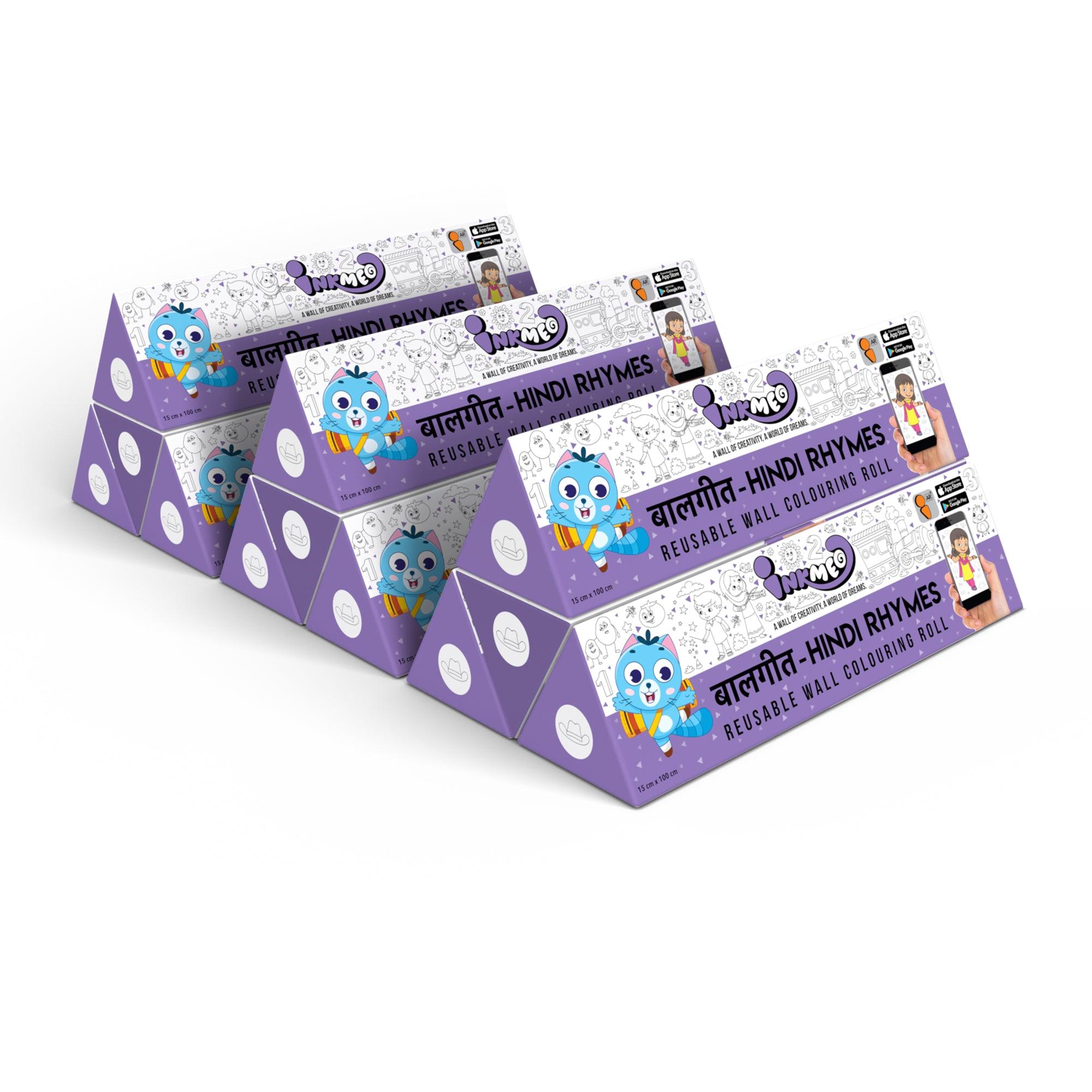 The image shows a white background with a pack of 9 Hindi rhymes triangular boxes aligned diagonally.