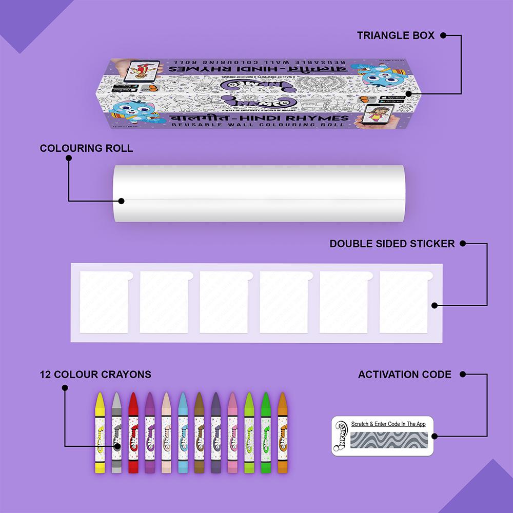 The image depicts a lavender background with a single triangular box, a coloring roll, 6 double-sided stickers, 12 colored crayons, and an activation code.