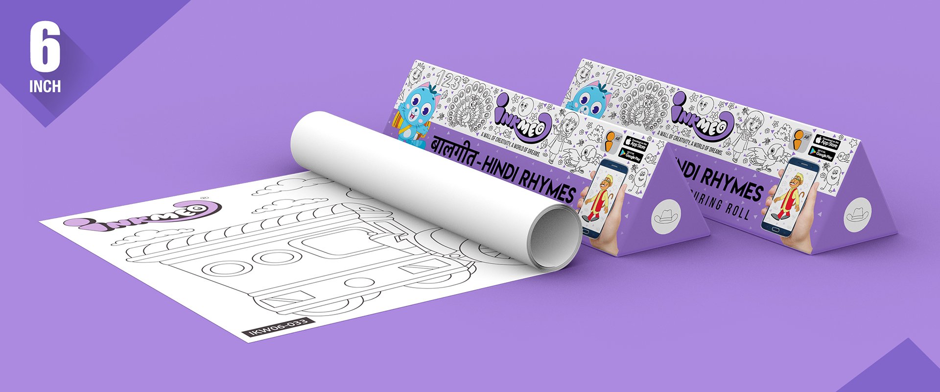 The image depicts two 6*40-inch lavender triangular hindi rhymes boxes placed alongside each other, with a sheet rolled out next to them.