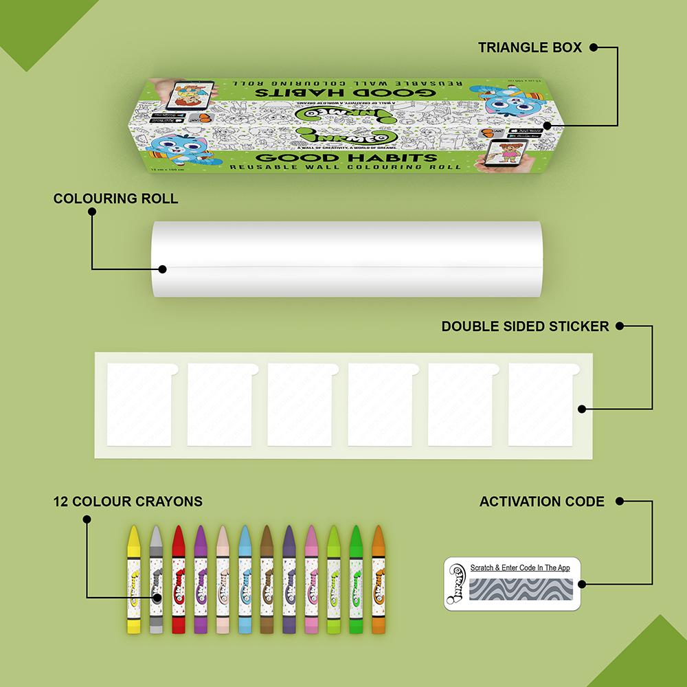 The image depicts a green background with a single triangular box, a coloring roll, 6 double-sided stickers, 12 colored crayons, and an activation code.