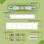 The image depicts a green background with a single triangular box, a coloring roll, 6 double-sided stickers, 12 colored crayons, and an activation code.