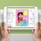 The image depicts two hands holding a tablet displaying a picture from a sheet attached to the wall. The description encourages scanning the image to enjoy the AR experience.