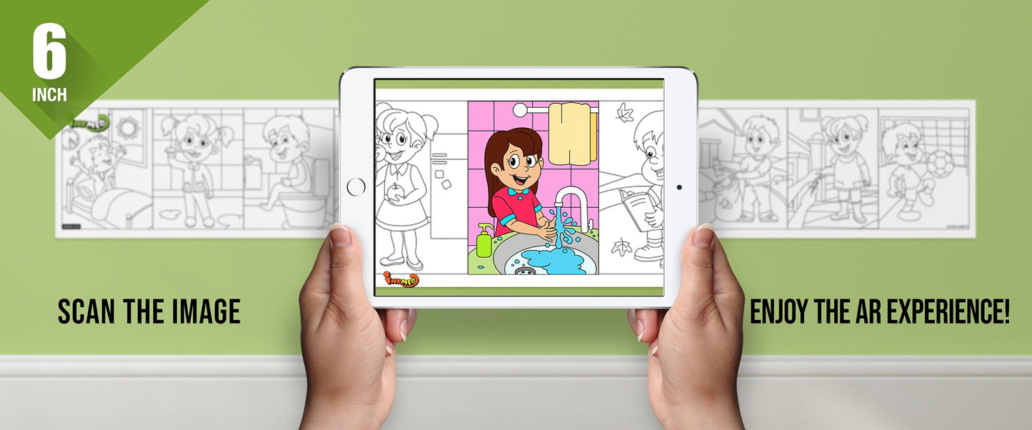 The image depicts two hands holding a tablet displaying a picture from a sheet attached to the wall. The description encourages scanning the image to enjoy the AR experience.