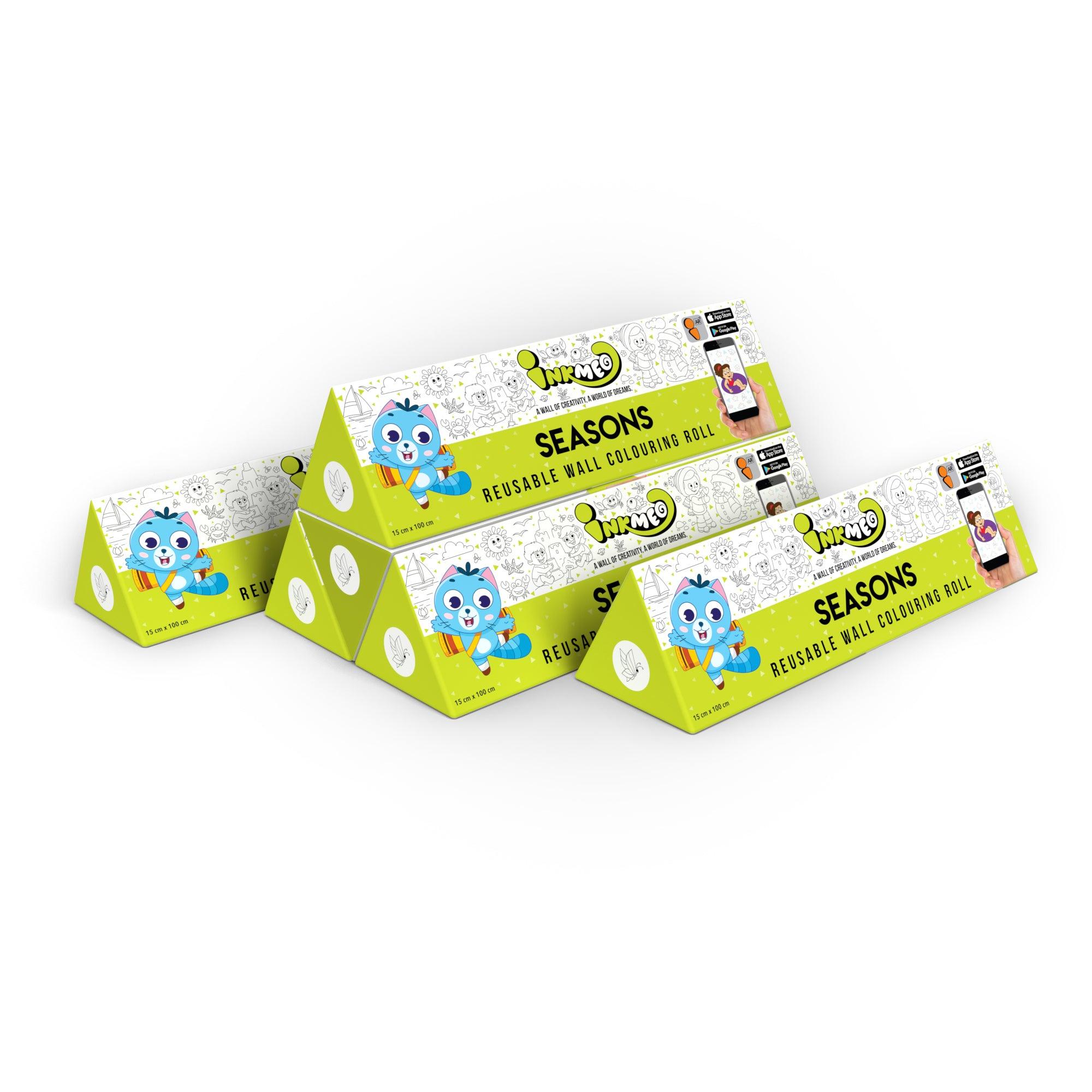 The image shows a white background with a pack of 6 seasons triangular boxes aligned diagonally.