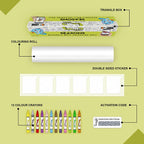 The image depicts a green background with a single triangular box, a coloring roll, 6 double-sided stickers, 12 colored crayons, and an activation code.