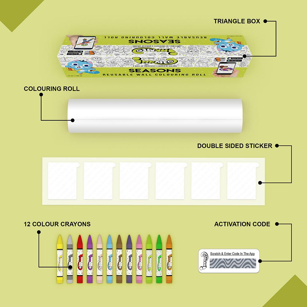 The image depicts a green background with a single triangular box, a coloring roll, 6 double-sided stickers, 12 colored crayons, and an activation code.