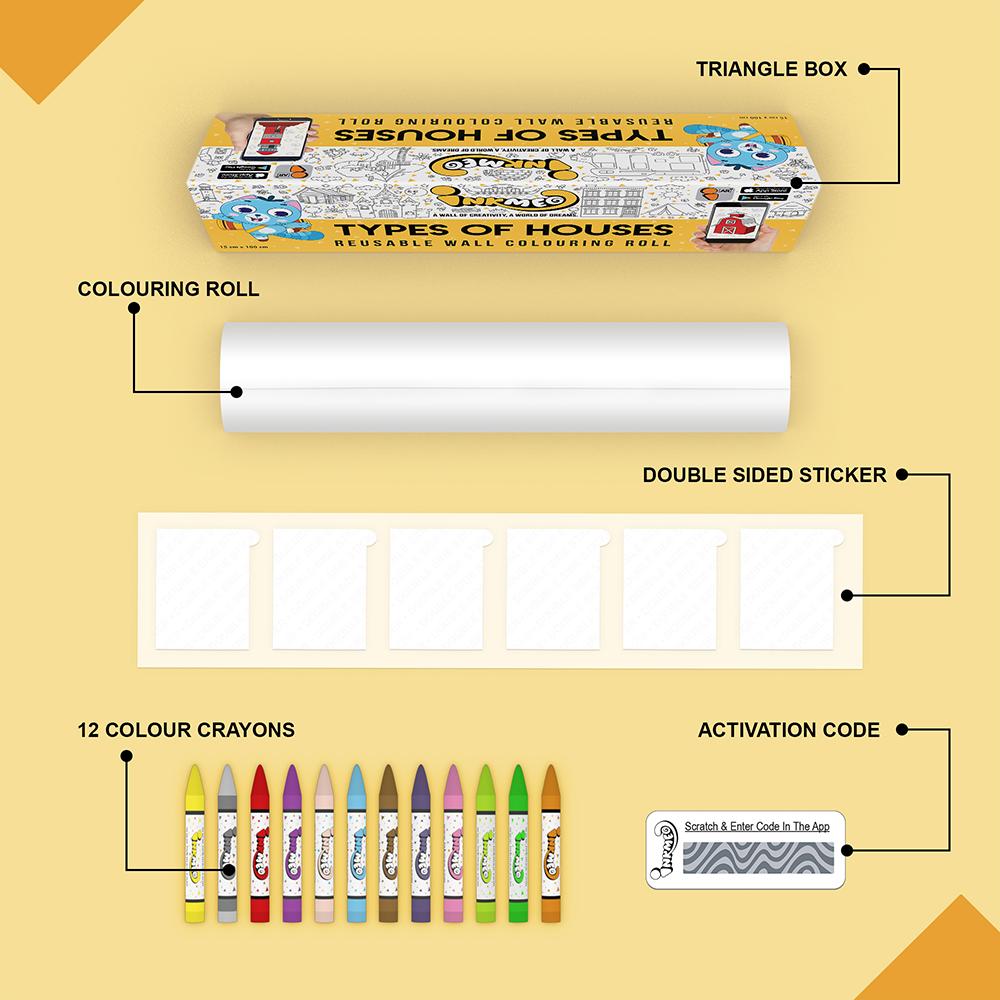 The image depicts a yellow background with a single triangular box, a coloring roll, 6 double-sided stickers, 12 colored crayons, and an activation code.