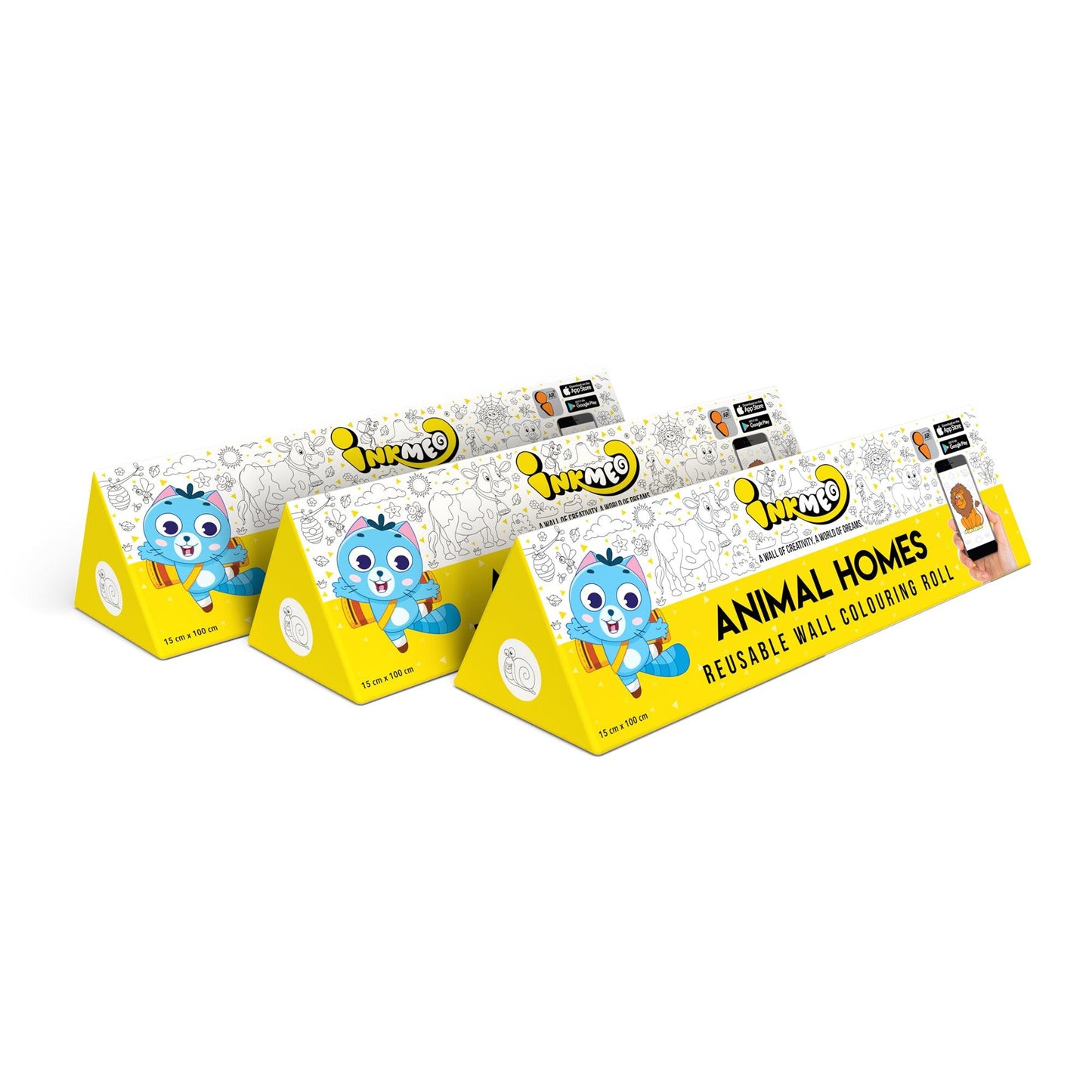 The image shows a white background with a pack of 3 animal homes triangular boxes aligned diagonally.