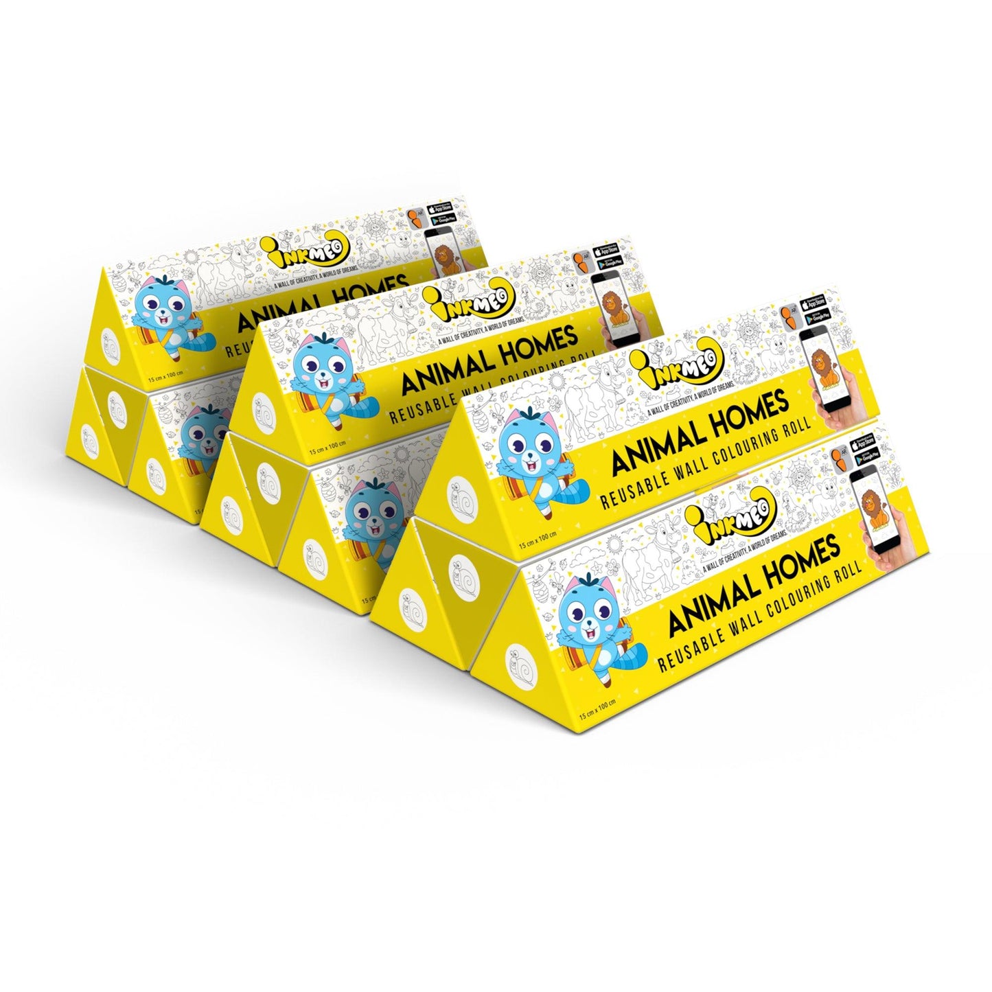 The image shows a white background with a pack of 9 animal homes triangular boxes aligned diagonally.