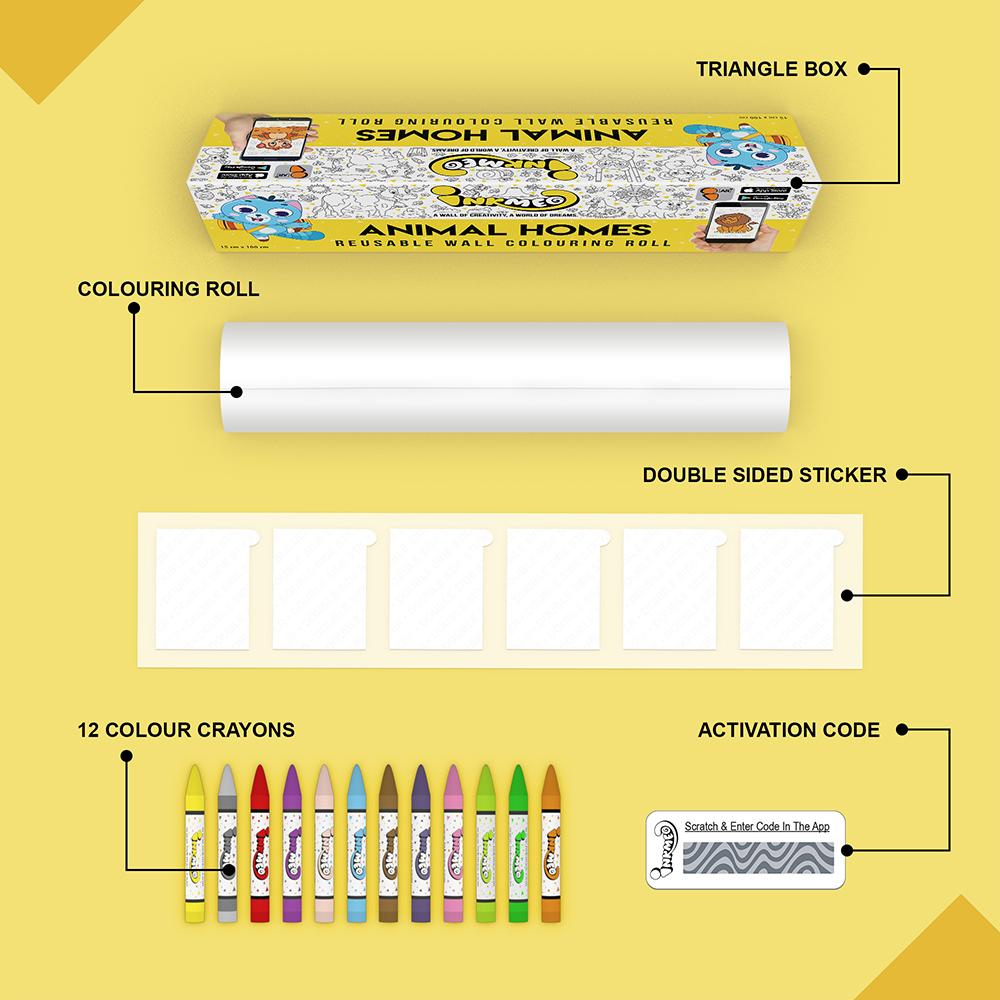 The image depicts a yellow background with a single triangular box, a coloring roll, 6 double-sided stickers, 12 colored crayons, and an activation code