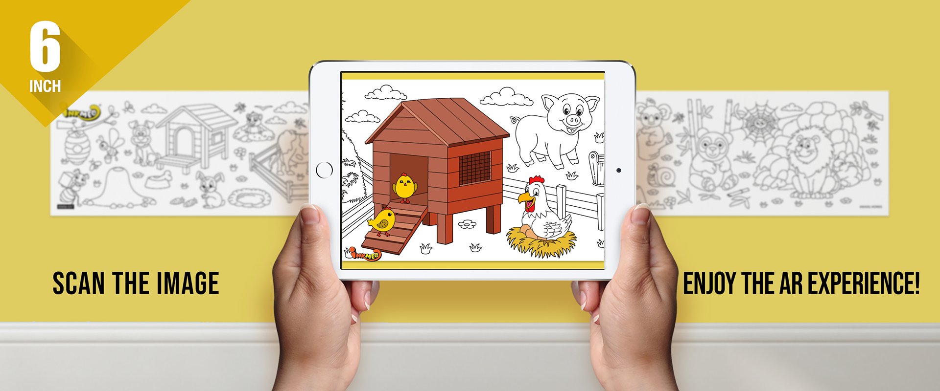 The image depicts two hands holding a tablet displaying a picture from a sheet attached to the wall. The description encourages scanning the image to enjoy the AR experience