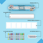 The image depicts a blue background with a single triangular box, a coloring roll, 6 double-sided stickers, 12 colored crayons, and an activation code.