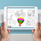 The image depicts two hands holding a tablet displaying a picture from a sheet attached to the wall. The description encourages scanning the image to enjoy the AR experience.