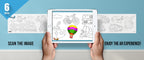 The image depicts two hands holding a tablet displaying a picture from a sheet attached to the wall. The description encourages scanning the image to enjoy the AR experience.