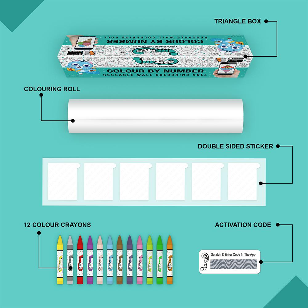 The image depicts a green background with a single triangular box, a coloring roll, 6 double-sided stickers, 12 colored crayons, and an activation code.