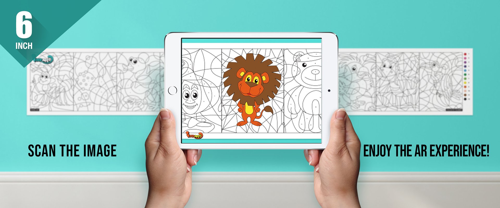 The image depicts two hands holding a tablet displaying a picture from a sheet attached to the wall. The description encourages scanning the image to enjoy the AR experience.