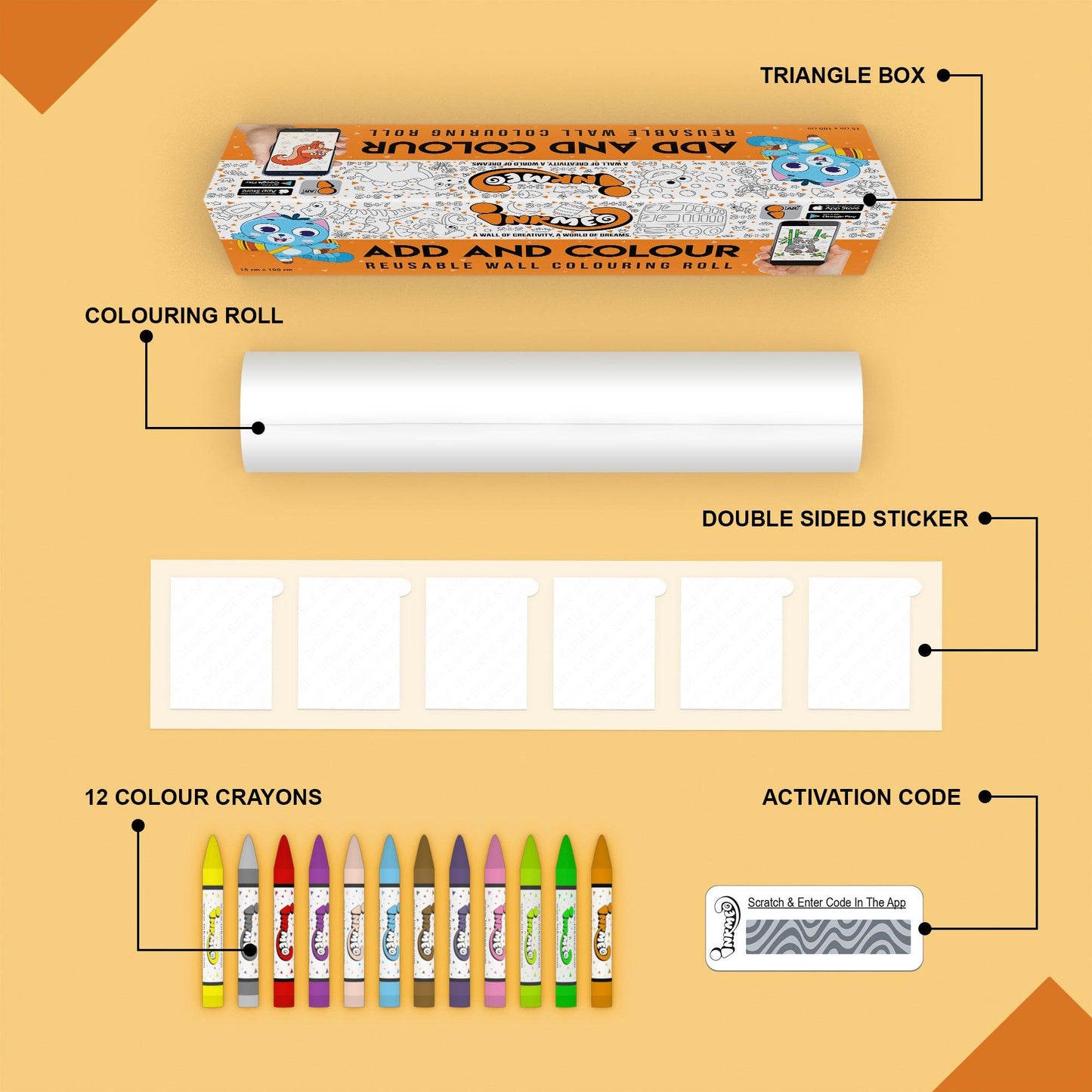 The image depicts an orange background with a single triangular box, a coloring roll, 6 double-sided stickers, 12 colored crayons, and an activation code.