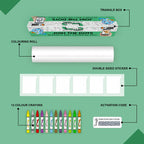 The image depicts a green background with a single triangular box, a coloring roll, 6 double-sided stickers, 12 colored crayons, and an activation code.