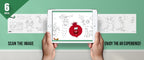 The image depicts two hands holding a tablet displaying a picture from a sheet attached to the wall. The description encourages scanning the image to enjoy the AR experience.
