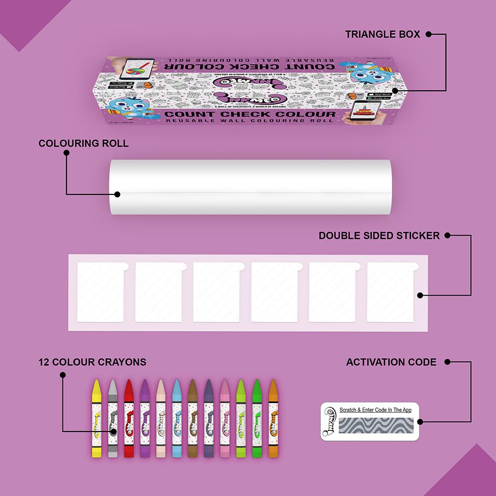 The image depicts a purple background with a single triangular box, a coloring roll, 6 double-sided stickers, 12 colored crayons, and an activation code.