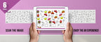 The image depicts two hands holding a tablet displaying a picture from a sheet attached to the wall. The description encourages scanning the image to enjoy the AR experience.