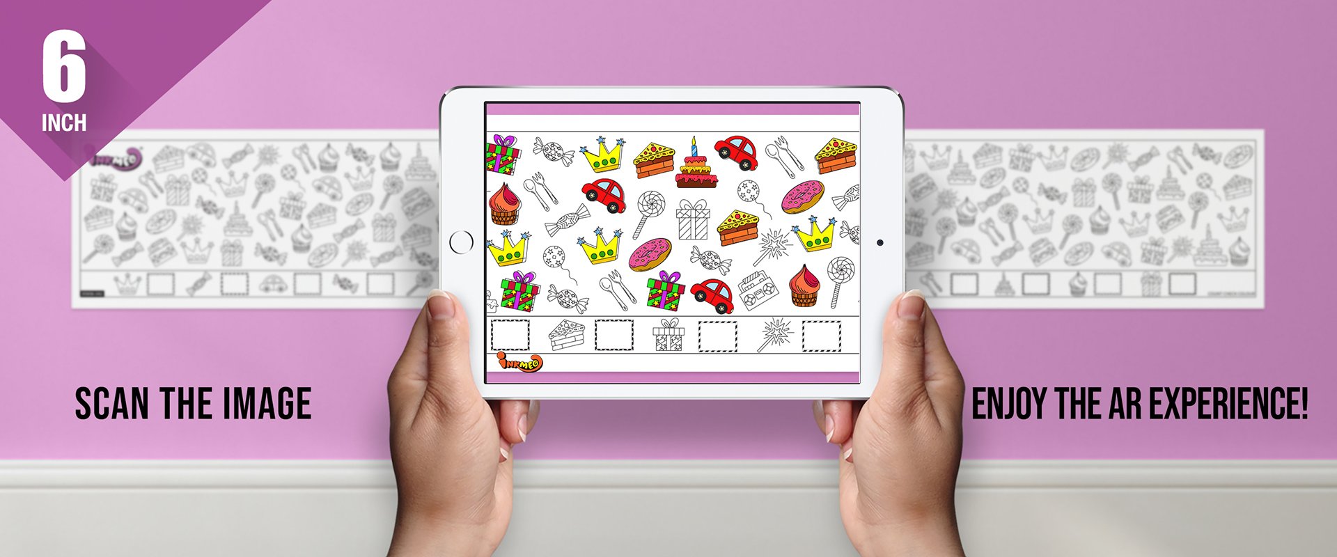 The image depicts two hands holding a tablet displaying a picture from a sheet attached to the wall. The description encourages scanning the image to enjoy the AR experience.