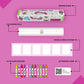 The image depicts a pink background with a single triangular box, a coloring roll, 6 double-sided stickers, 12 colored crayons, and an activation code.