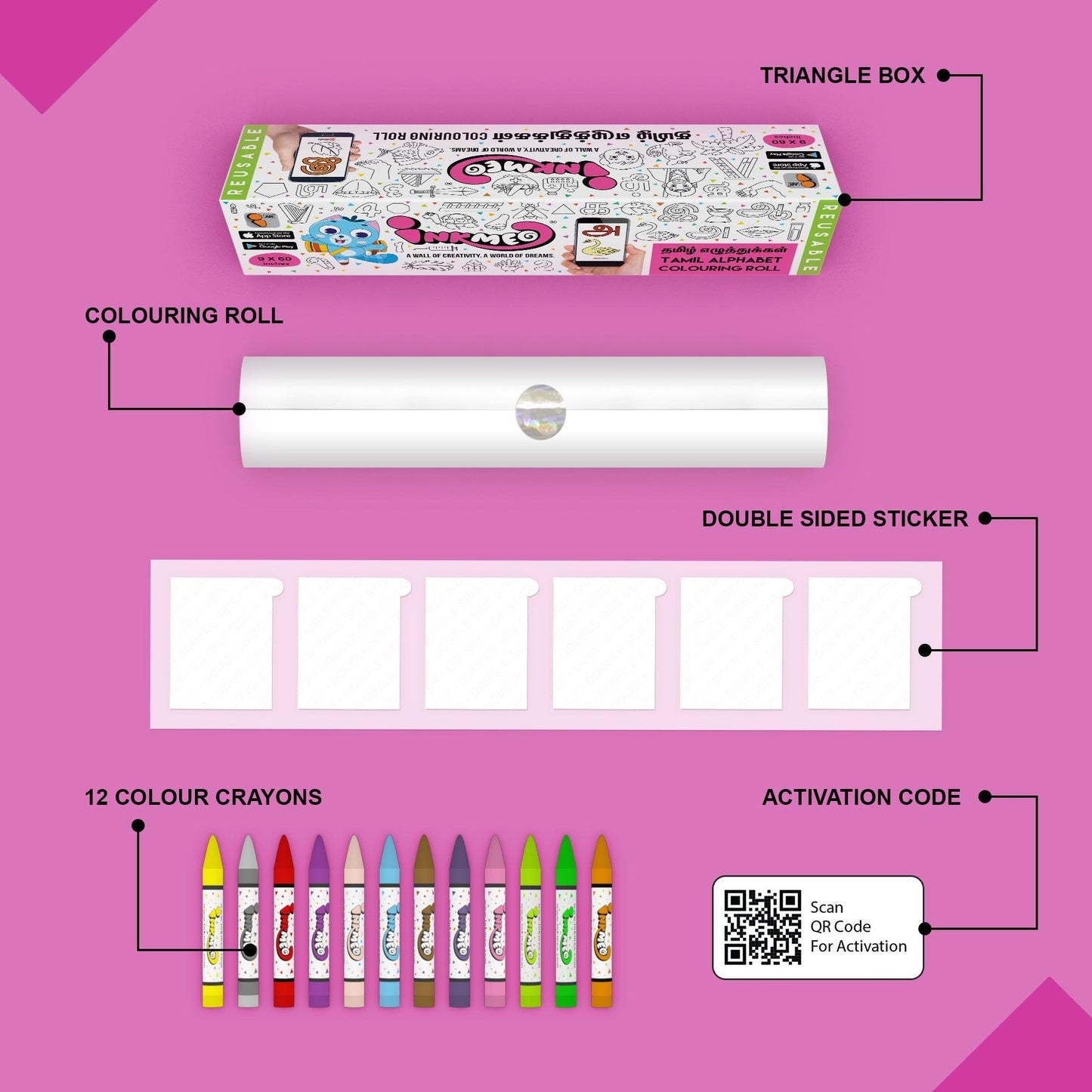 The image depicts a pink background with a single triangular box, a coloring roll, 6 double-sided stickers, 12 colored crayons, and an activation code.