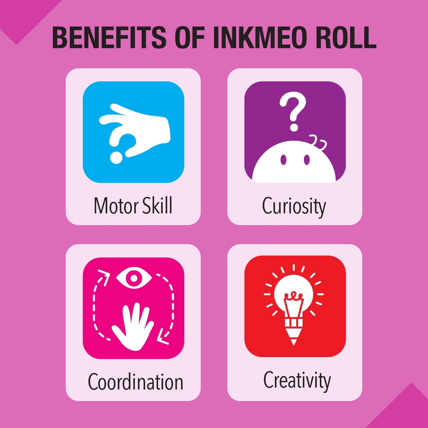 The shows a pink background with text write as benefits of inkmeo roll such as motor skills, curiosity, eye hand coordination and creativity