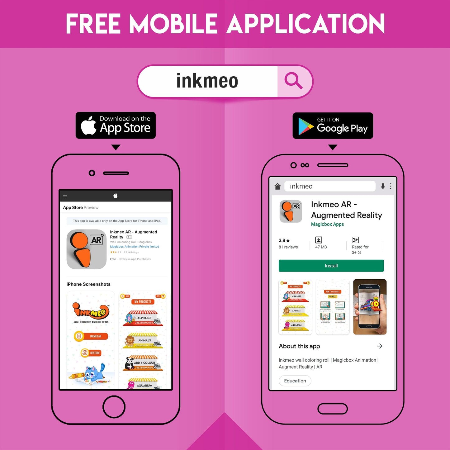 The image demonstrates how to install the Inkmeo app from both the App Store and Play Store, as it is a free mobile application.