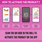The image demonstrates how to activate the product: the first step is to open the Inkmeo app, the second step is to tap the QR code symbol, the third step is to scan the QR code on the packaging, and the fourth step is the product activated.