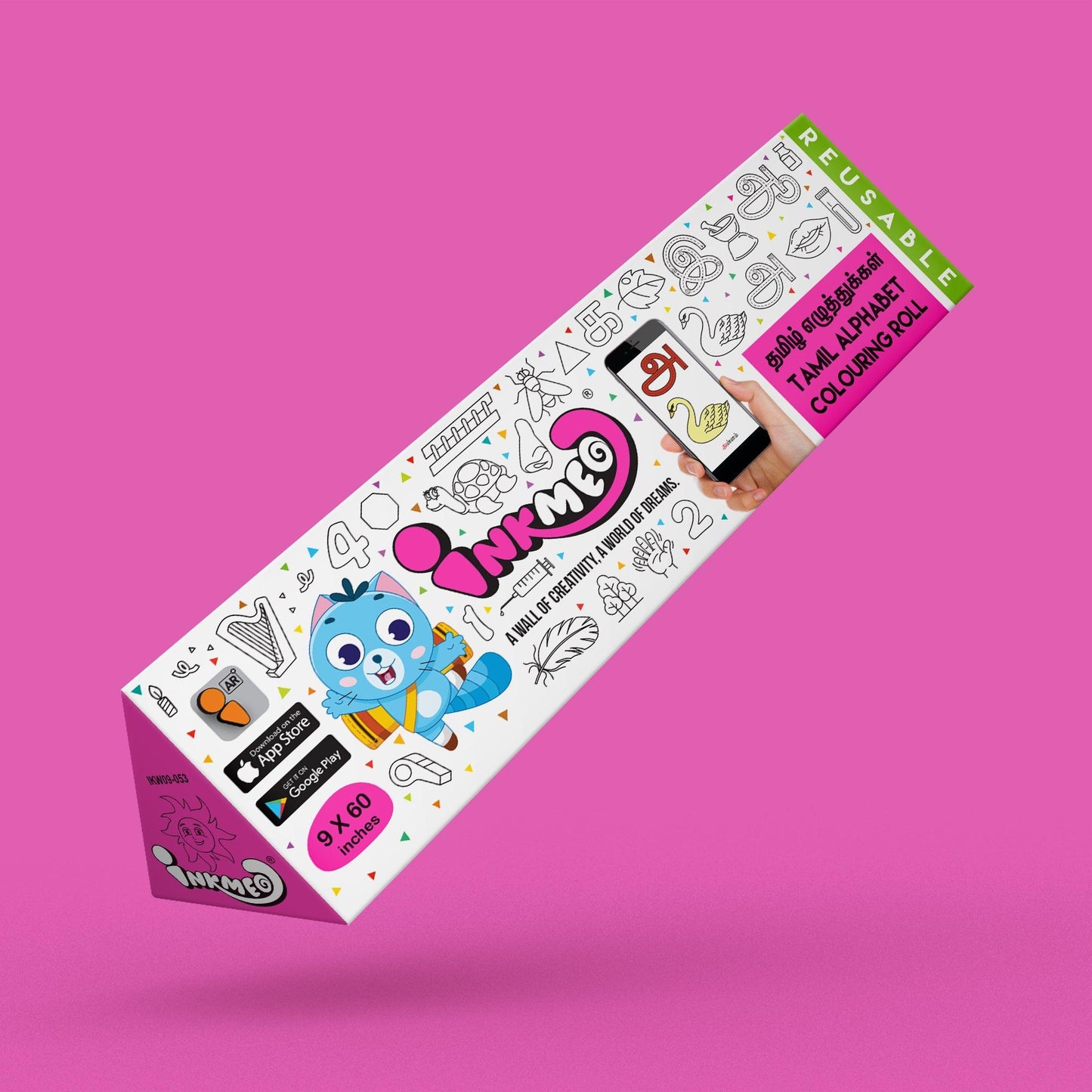 The image shows a pink backdrop with a 9*60 inch Inkmeo tamil alphabet triangular box placed in the center.
