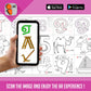 The images shows a pink background in which a sheet is placed with colourful picture and tamil alphabets and a hand is showing a mobile phone with AR features