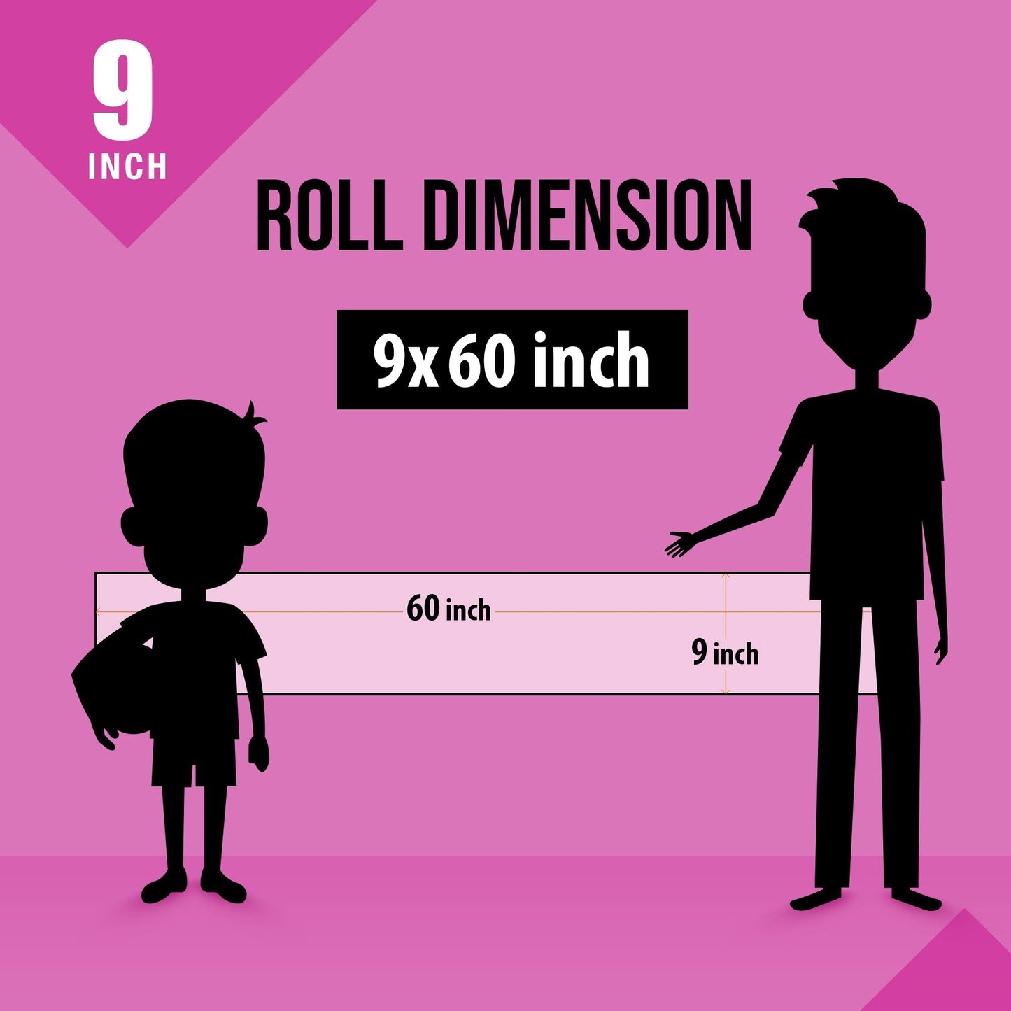 The image depicts a blue background with a ruler showing a child's height next to a 9*60 inches paper roll attached to the wall, alongside a picture of a box dimension.