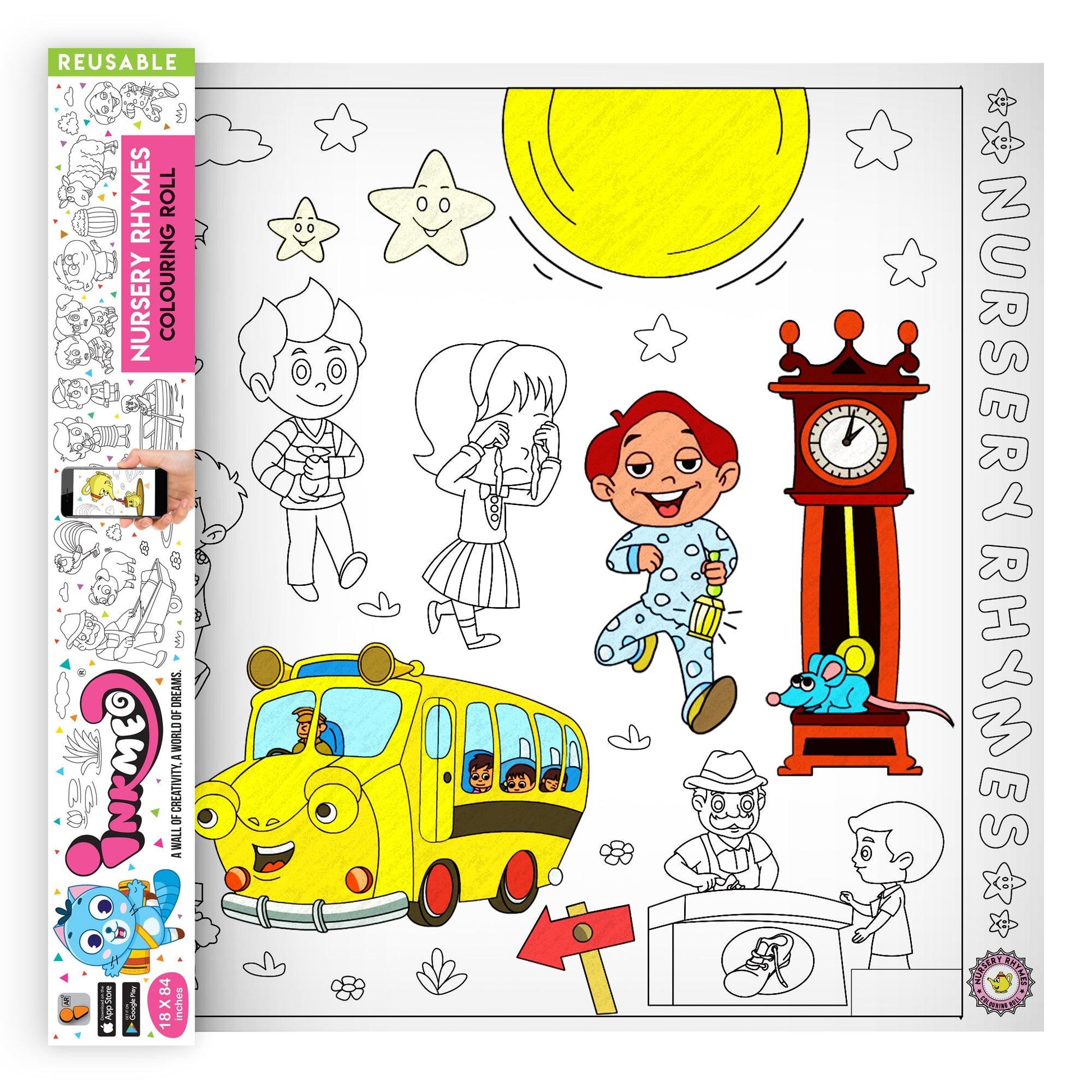 The image depicts a pink box with a roll opened from inside it alongside a colourful picture.